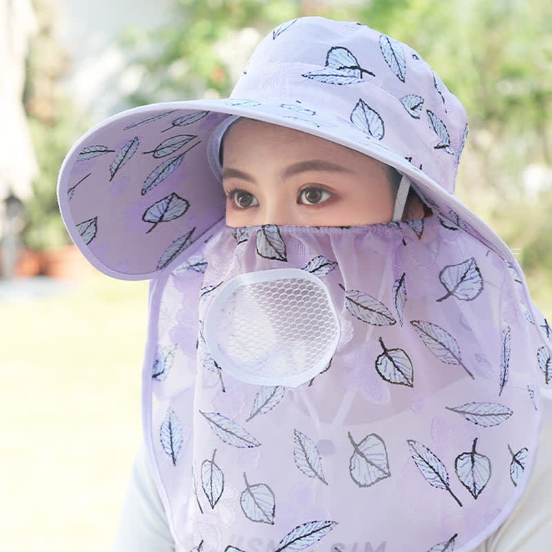 Leaf Print Large Brim Shawl Mask Sun Hat - Purple - One Size - image 12