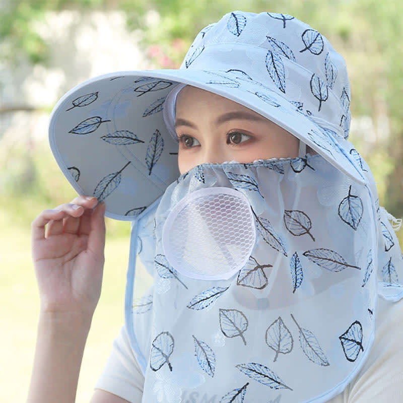 Leaf Print Large Brim Shawl Mask Sun Hat - Blue - One Size - image 10