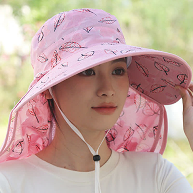 Leaf Print Large Brim Shawl Mask Sun Hat - image 5