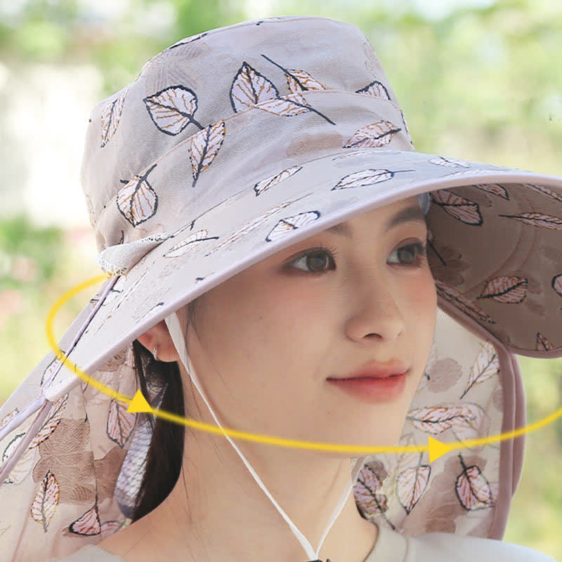 Leaf Print Large Brim Shawl Mask Sun Hat - image 9