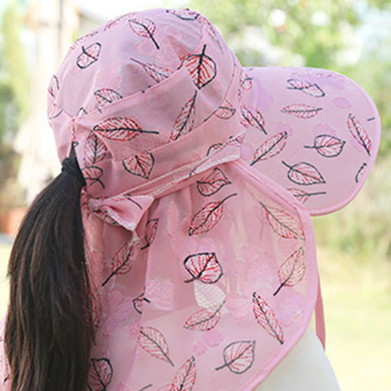 Leaf Print Large Brim Shawl Mask Sun Hat - image 6
