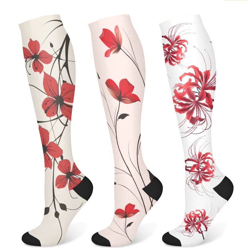 Red Flowers Compression Socks(3 Pairs) - Multicolor - S/M - image 8