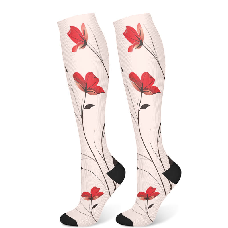 Red Flowers Compression Socks(3 Pairs) - Pink(1 Pair) - S/M - image 5