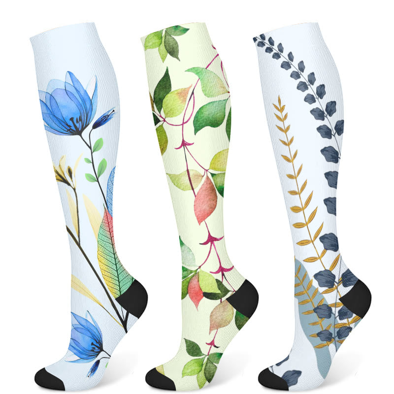 Green Leaves Blue Flowers Compression Socks(3 Pairs) - Multicolor - S/M - image 5