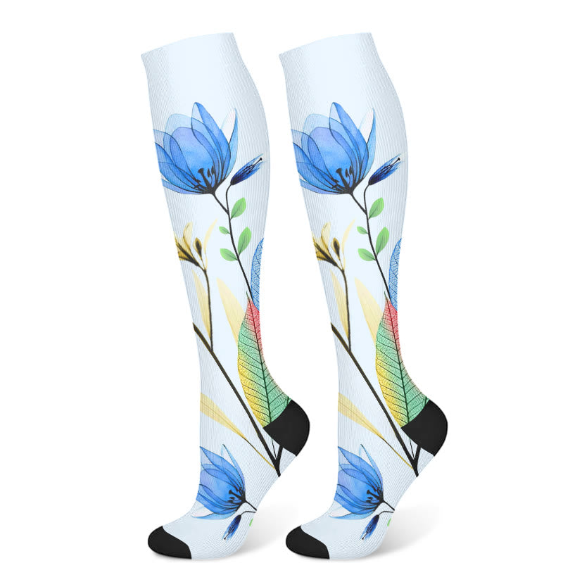 Green Leaves Blue Flowers Compression Socks(3 Pairs) - Light Blue(1 Pair) - S/M - image 8