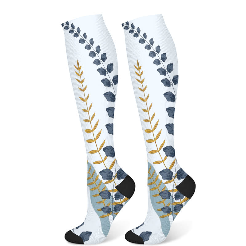 Green Leaves Blue Flowers Compression Socks(3 Pairs) - Blue(1 Pair) - S/M - image 6
