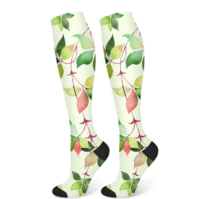 Green Leaves Blue Flowers Compression Socks(3 Pairs) - Green(1 Pair) - S/M - image 7