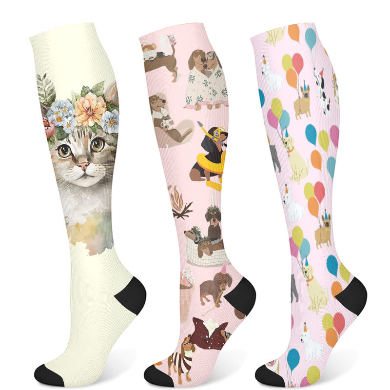 Balloon Dachshund Cat Compression Socks(3 Pairs) - Multicolor - S/M - image 5