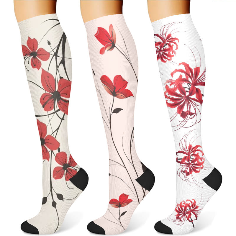Red Flowers Compression Socks(3 Pairs) - image 1