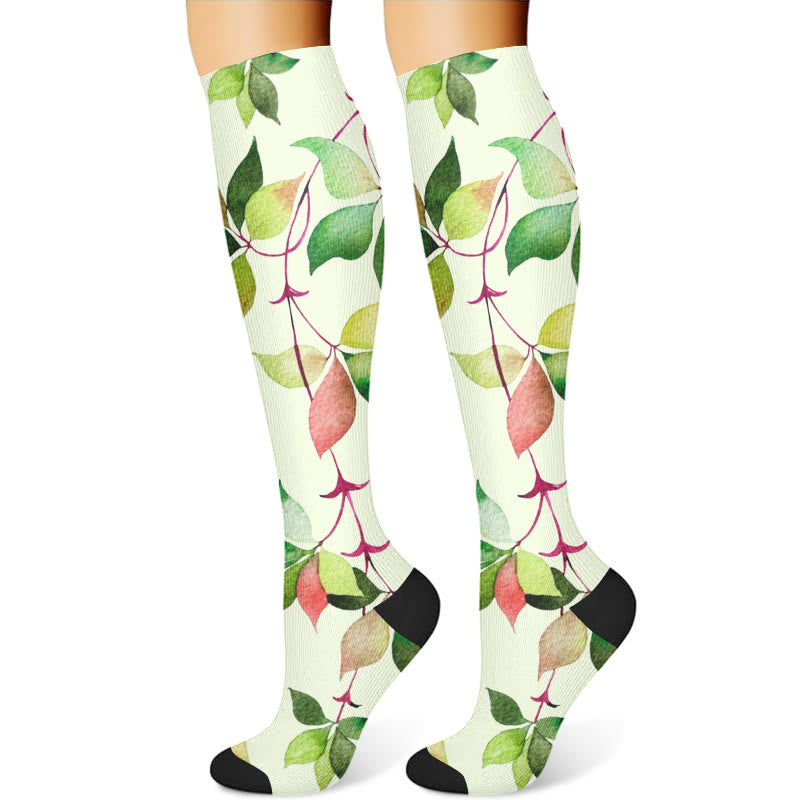 Green Leaves Blue Flowers Compression Socks(3 Pairs) - image 4