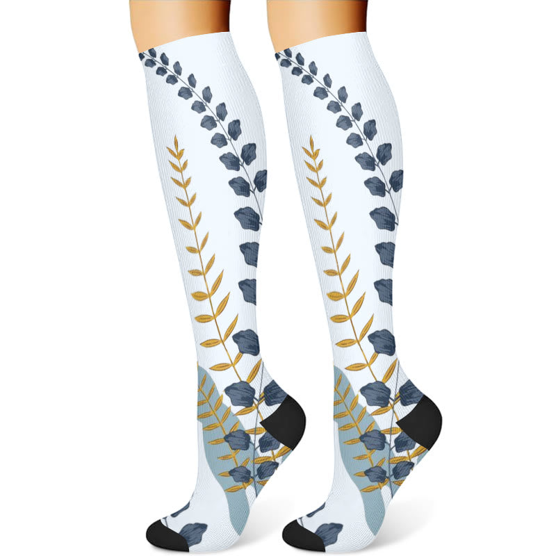 Green Leaves Blue Flowers Compression Socks(3 Pairs) - image 3