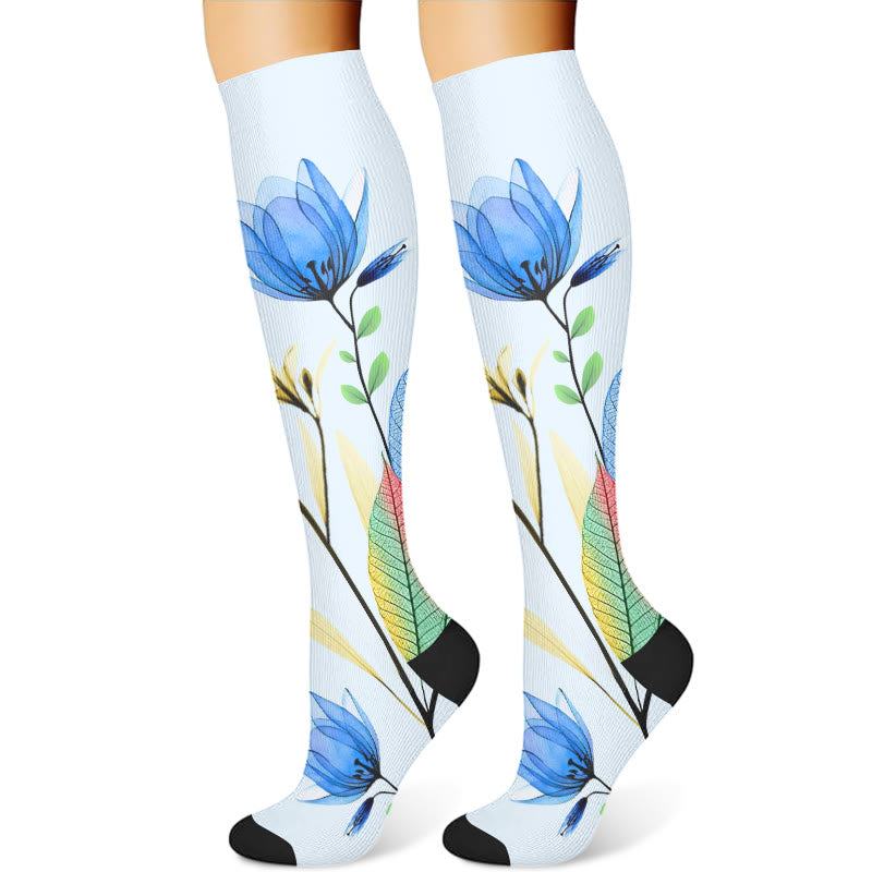 Green Leaves Blue Flowers Compression Socks(3 Pairs) - image 2