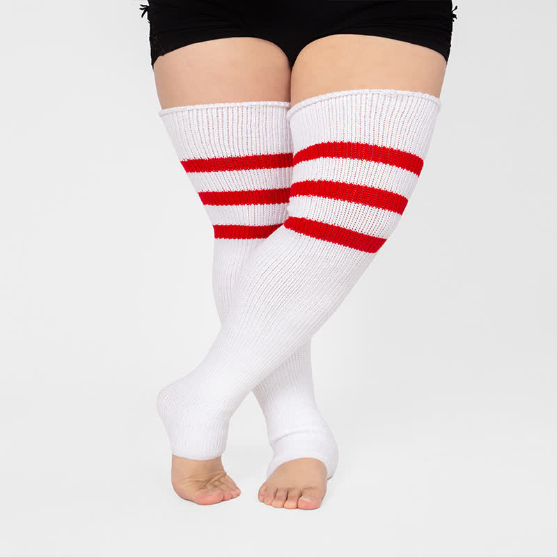 Plus Size Stripe Open Toe Thigh High Compression Socks - White+Red - One Size - image 10
