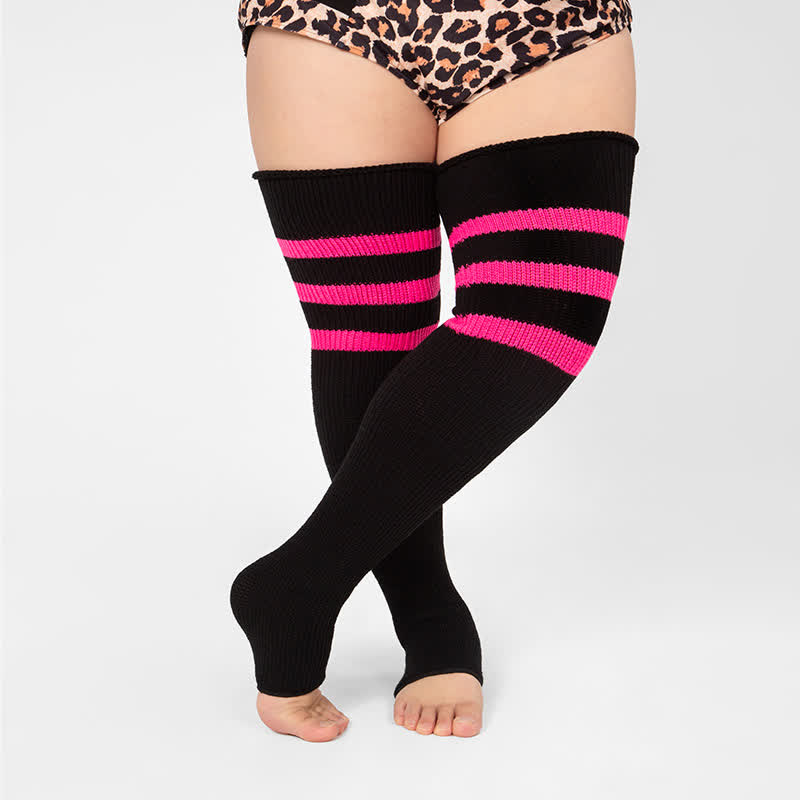 Plus Size Stripe Open Toe Thigh High Compression Socks - Black+Pink - One Size - image 15