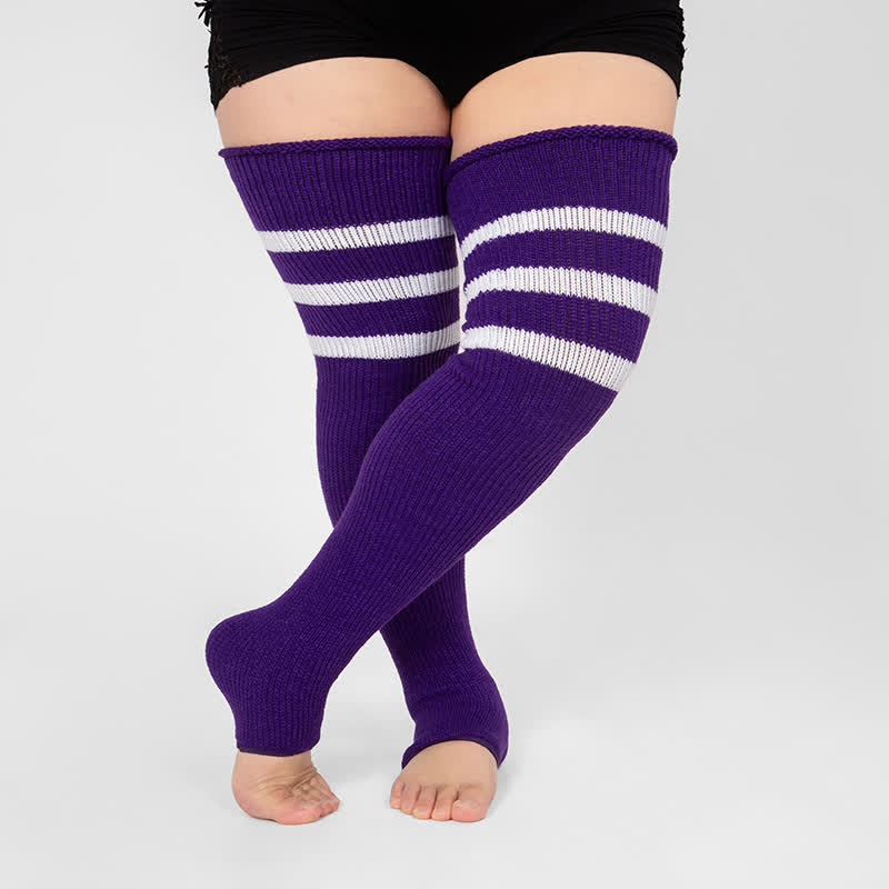Plus Size Stripe Open Toe Thigh High Compression Socks - Purple - One Size - image 13