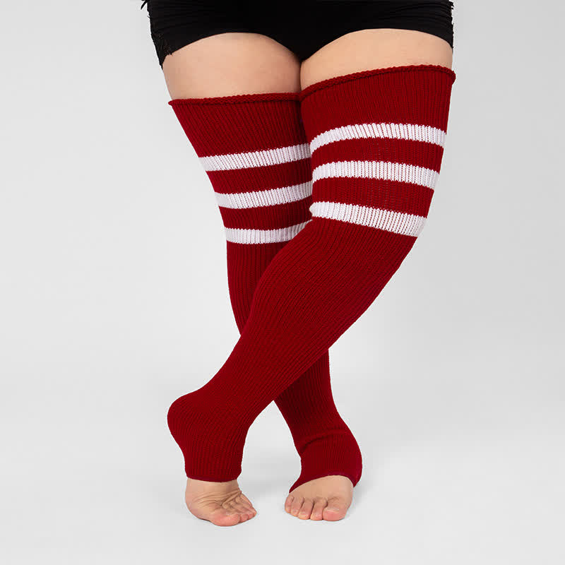 Plus Size Stripe Open Toe Thigh High Compression Socks - Wine - One Size - image 18