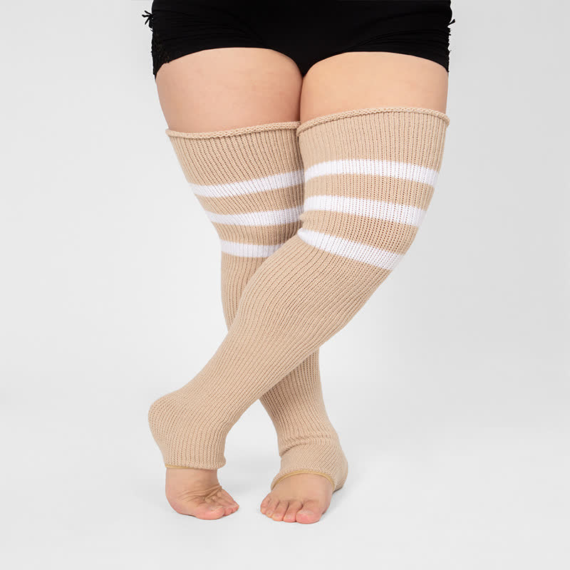 Plus Size Stripe Open Toe Thigh High Compression Socks - Khaki - One Size - image 4