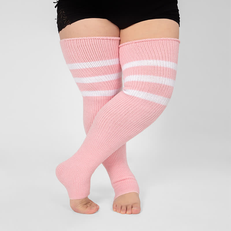 Plus Size Stripe Open Toe Thigh High Compression Socks - Pink - One Size - image 19