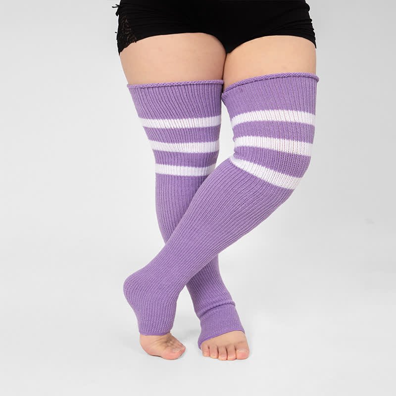 Plus Size Stripe Open Toe Thigh High Compression Socks - Light Purple - One Size - image 16