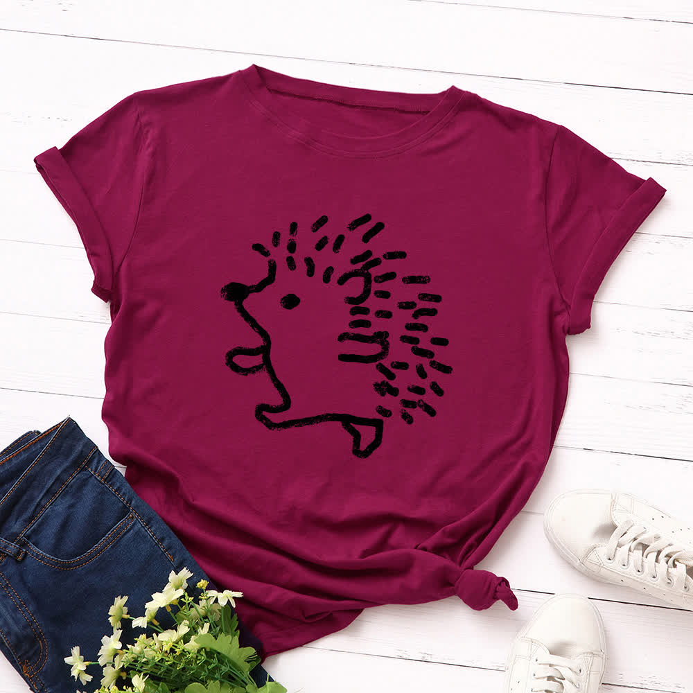 Plus Size Hedgehog Print Round Neck Short Sleeve T-Shirt - Wine - 5XL - image 12