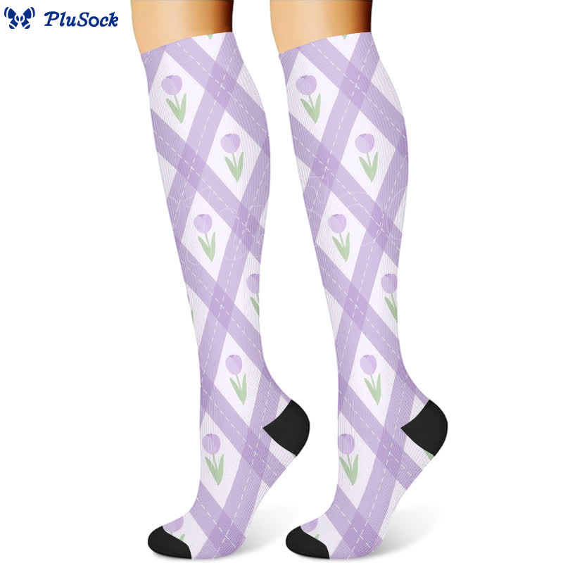Plaid Floral Compression Socks(3 Pairs) - Purple(1 Pair) - S/M - image 3