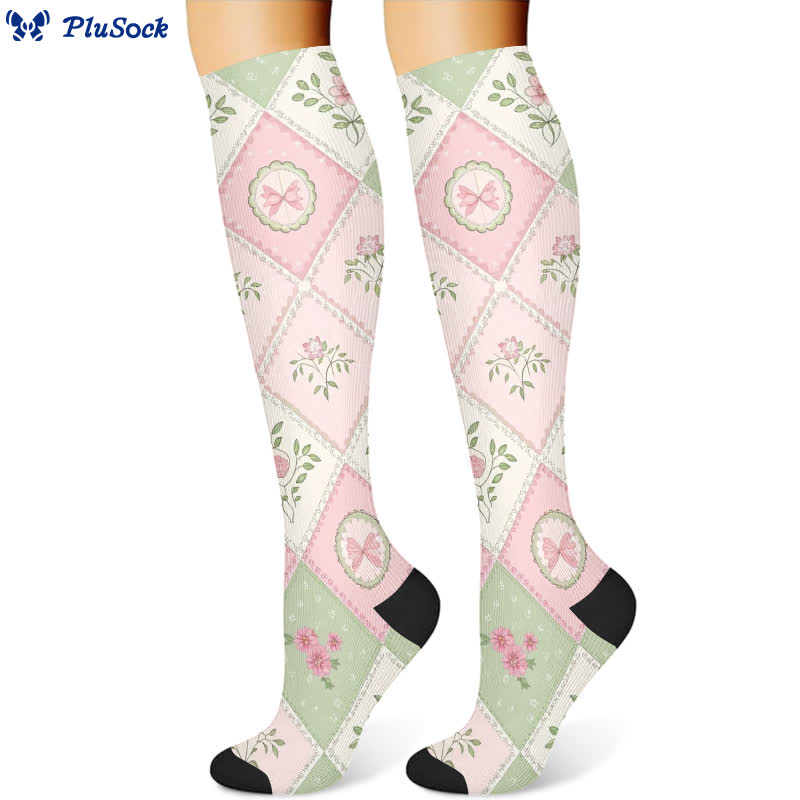 Plaid Floral Compression Socks(3 Pairs) - Green(1 Pair) - S/M - image 2