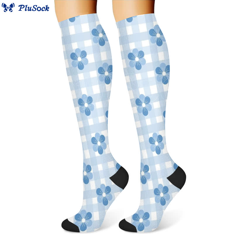 Plaid Floral Compression Socks(3 Pairs) - Blue(1 Pair) - S/M - image 4