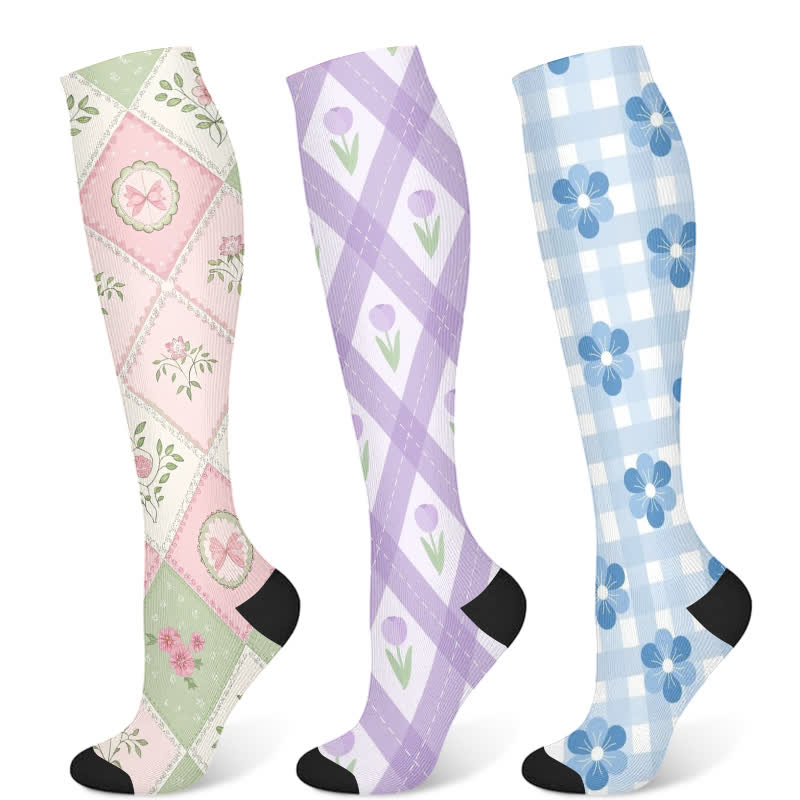 Plaid Floral Compression Socks(3 Pairs) - Multicolor - S/M - image 5