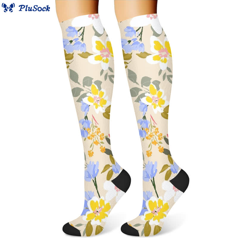 Elegant Floral Compression Socks(3 Pairs) - Yellow(1 Pair) - S/M - image 2