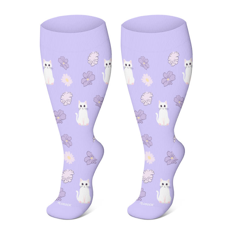 Plus Size Cat Flowers Compression Socks(3 Pairs) - image 1