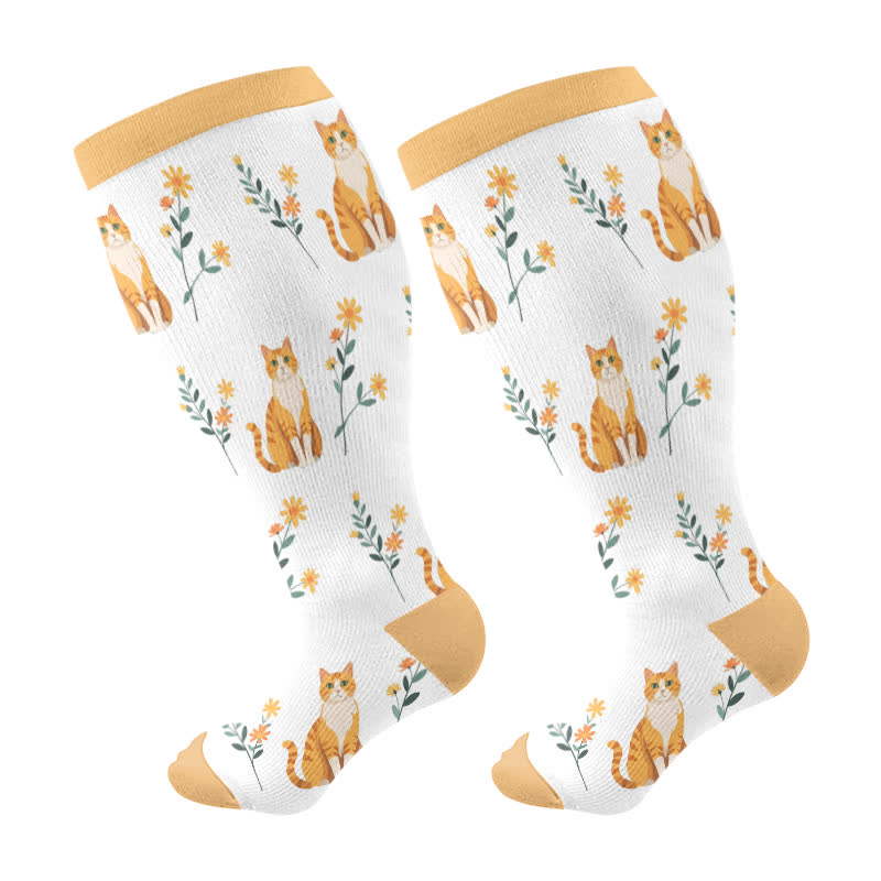 Plus Size Cat Flowers Compression Socks(3 Pairs) - Yellow - 4XL - image 7