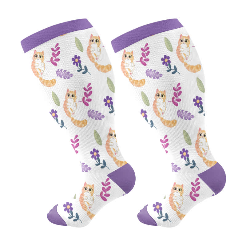 Plus Size Cat Flowers Compression Socks(3 Pairs) - White - 4XL - image 6