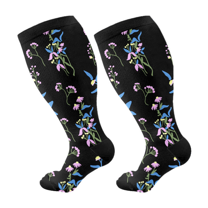 Plus Size Painted Flowers Compression Socks(3 Pairs) - Blue - 4XL - image 2