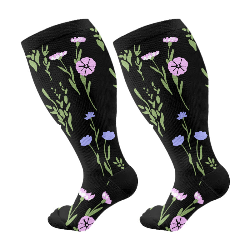 Plus Size Painted Flowers Compression Socks - Purple - 4XL - image 3