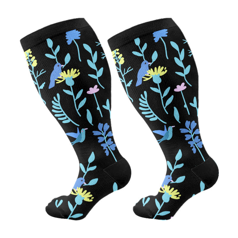 Plus Size Painted Flowers Compression Socks - Yellow - 4XL - image 4