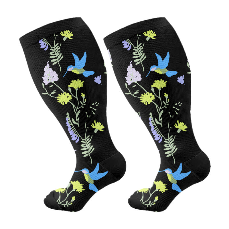 Plus Size Painted Flower Bird Compression Socks - B - 4XL - image 3