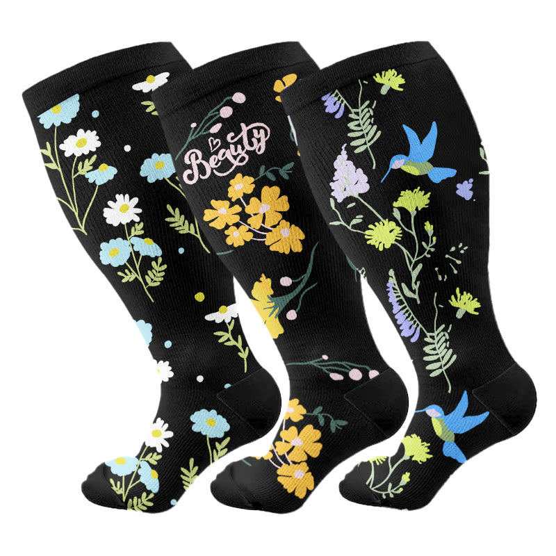 Plus Size Painted Flower Bird Compression Socks - image 1
