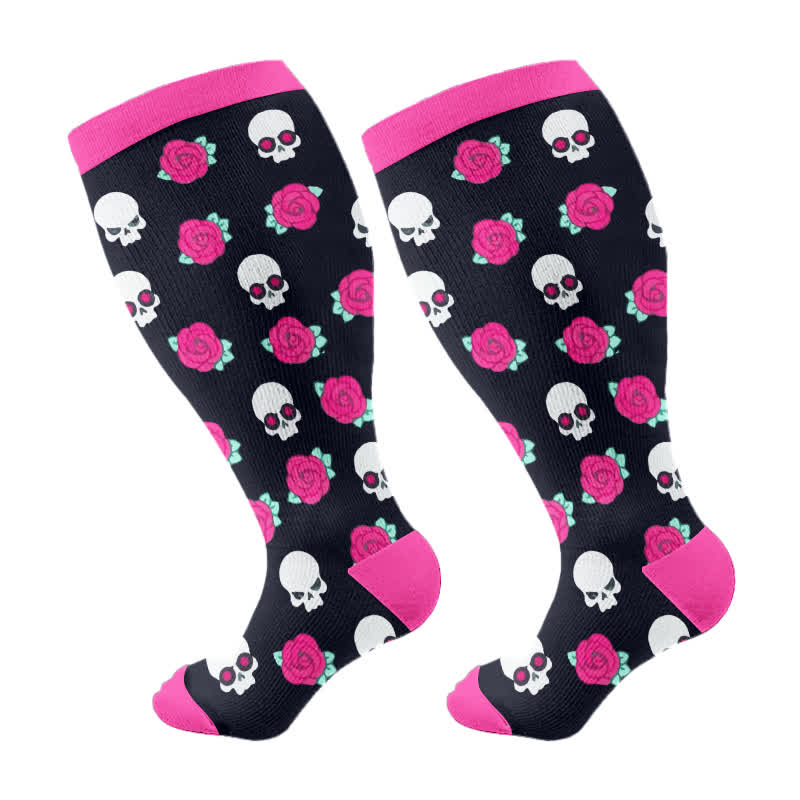 Plus Size Halloween Floral Skull Series Compression Socks(3 Pairs) - Rose Red(1 Pair) - 4XL - image 11