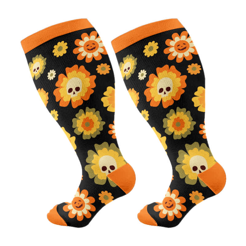 Plus Size Halloween Floral Skull Series Compression Socks(3 Pairs) - Orange(1 Pair) - 4XL - image 10