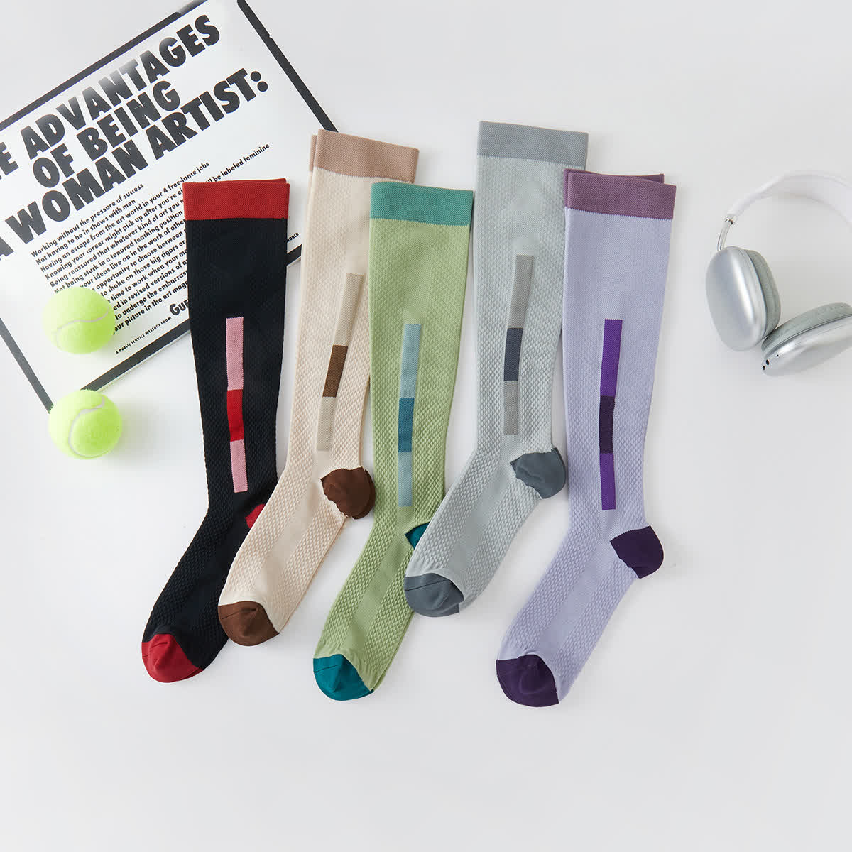Simple Rectangular Colorblock Compression Knee High Socks(5 Pairs)