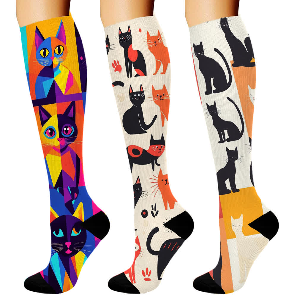 Artistic Cat Print Series Compression Socks(3 Pairs) - Set-B - S/M - image 2