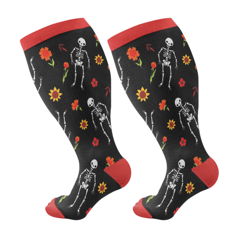 Plus Size Halloween Gothic Skull Print Compression Socks(3 Pairs) - Multicolor - 4XL - image 5