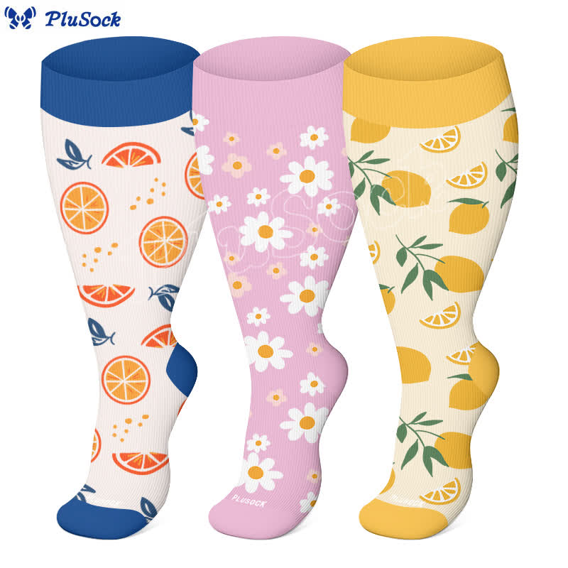 Plus Size Daisy Lemon Print Compression Socks(3 Pairs) - image 1
