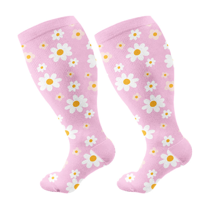 Plus Size Daisy Lemon Print Compression Socks(3 Pairs) - Pink(1 Pair) - 4XL - image 7