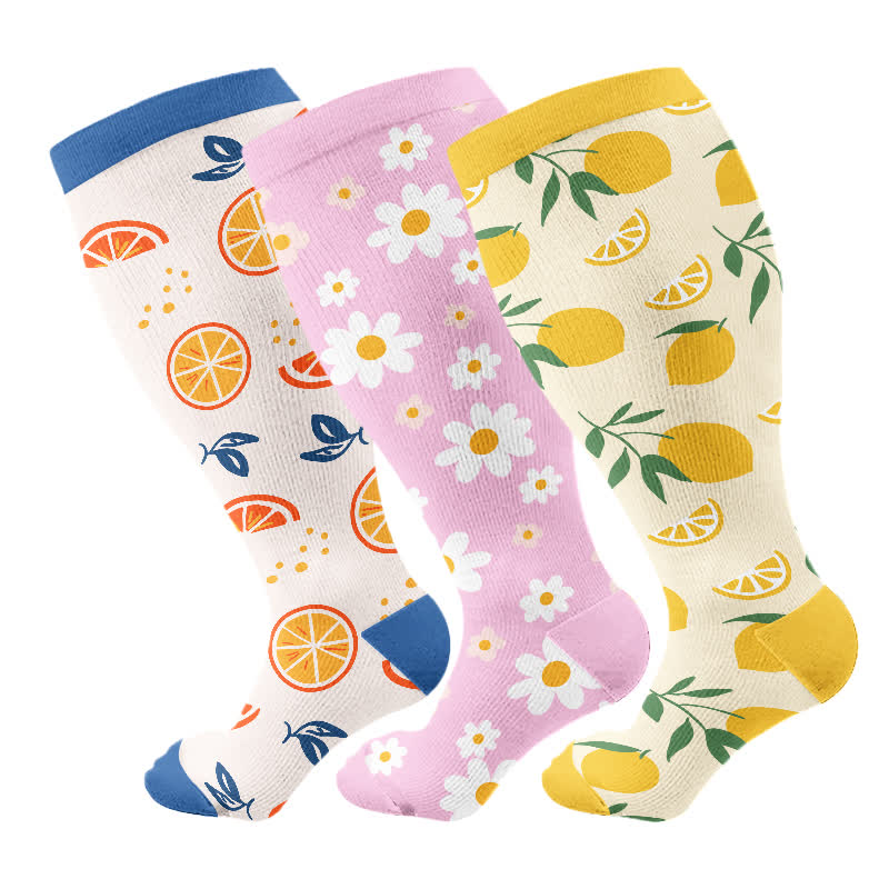 Plus Size Daisy Lemon Print Compression Socks(3 Pairs) - Multicolor - 4XL - image 5