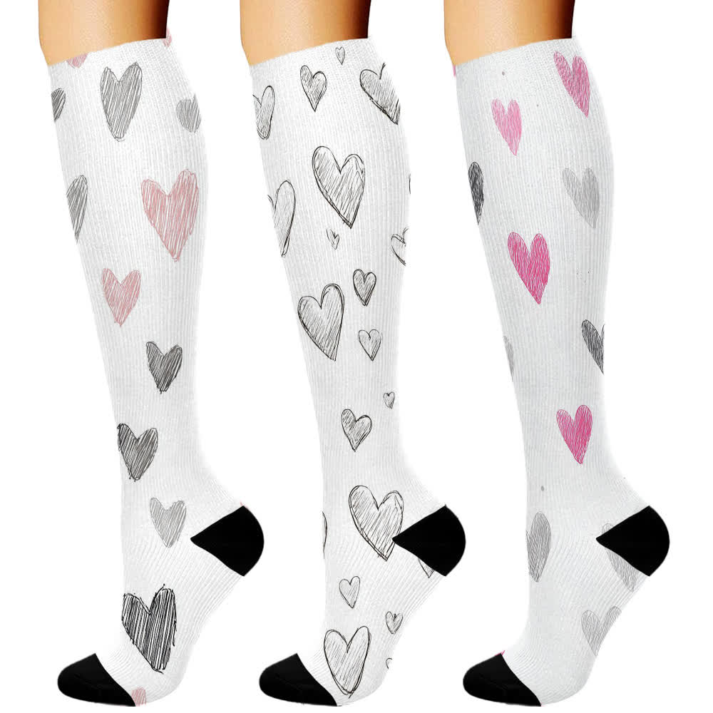 Heart Series Knee High Compression Socks(3 Pairs) - White - B - S/M - image 2