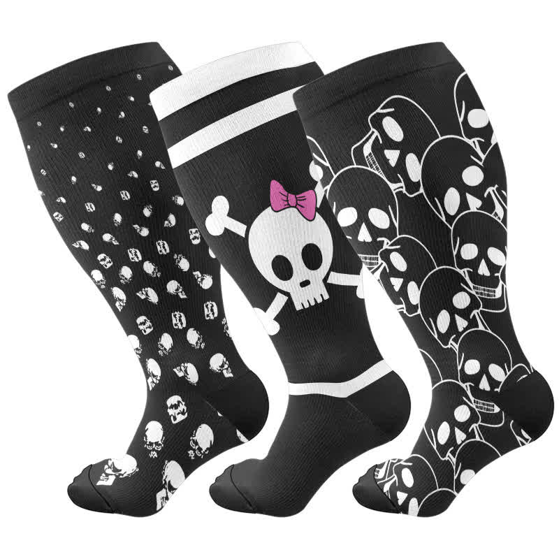 Plus Size Halloween Large Skull Print Compression Socks(3 Pairs) - Multicolor - 4XL - image 4