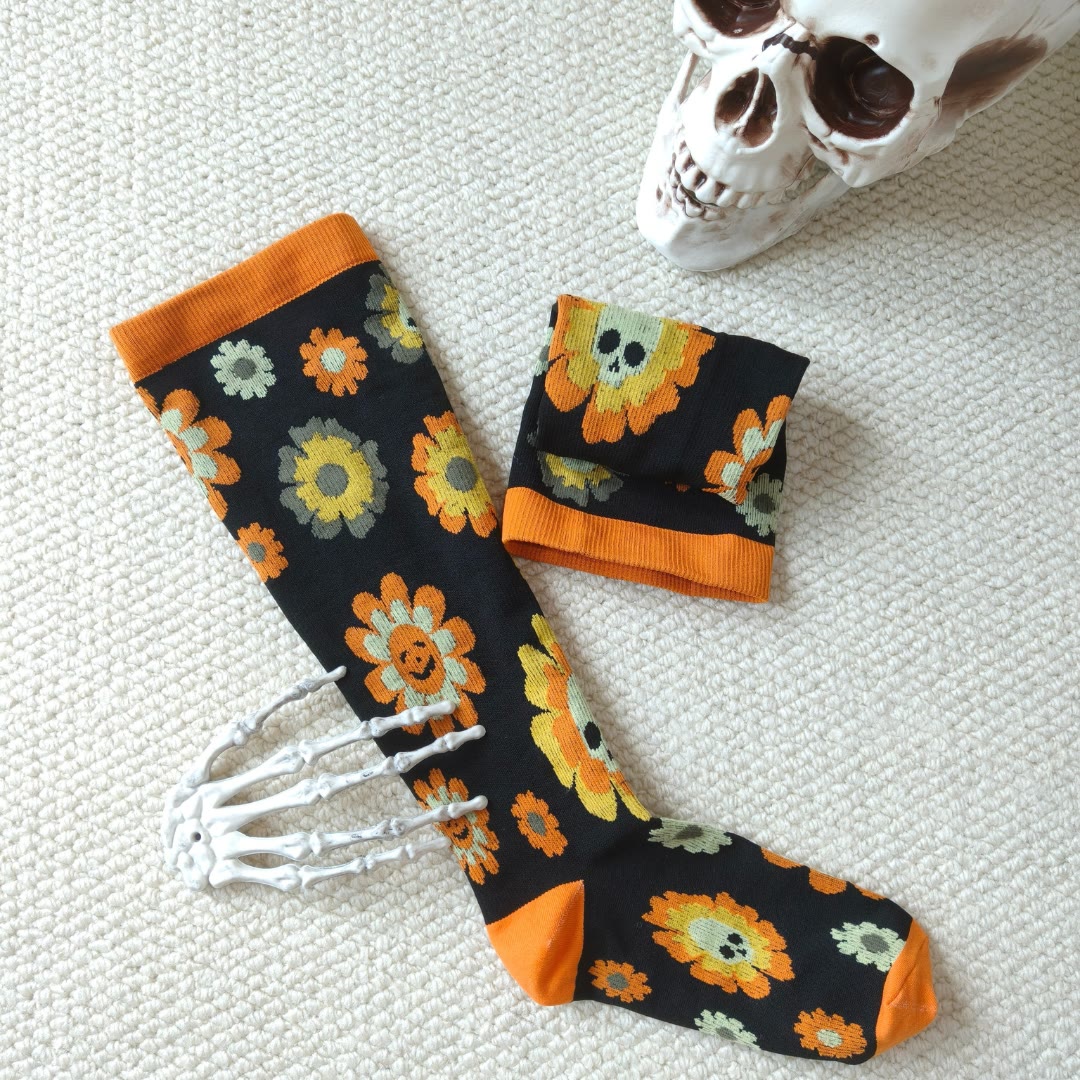Plus Size Halloween Floral Skull Series Compression Socks(3 Pairs) - image 2