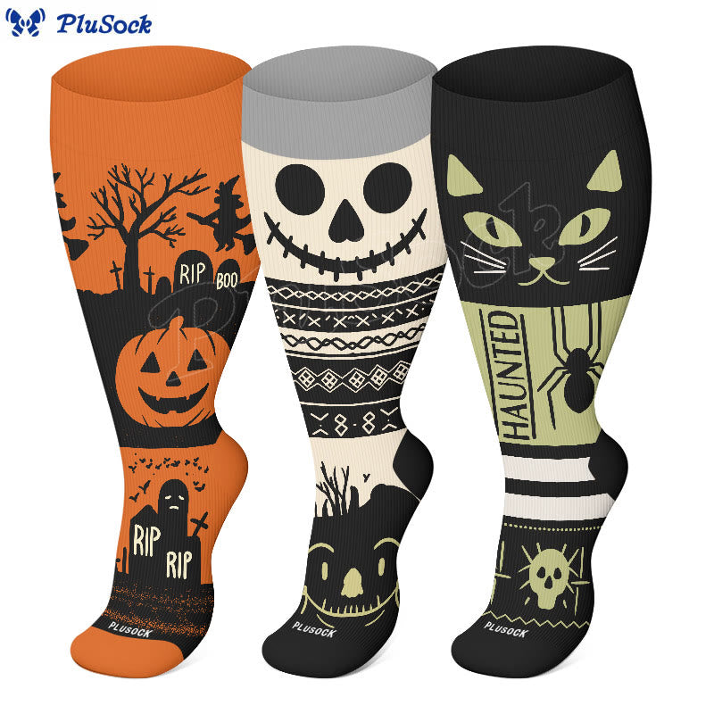 Plus Size Halloween Cat Spider Compression Socks(3 Pairs) - image 1