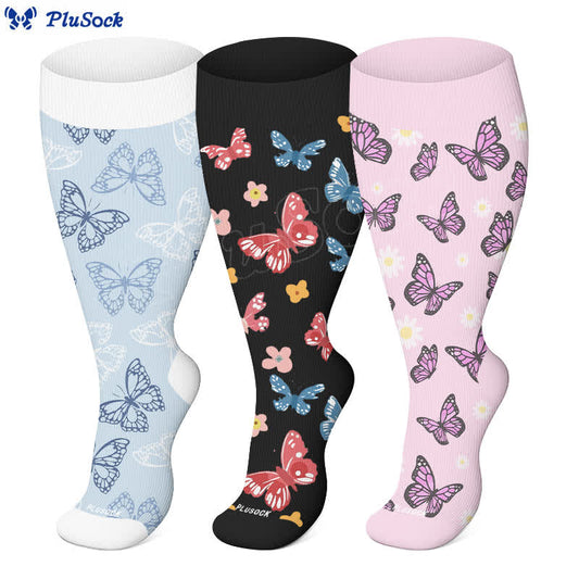 Plus Size Butterfly Flower Series Compression Socks(3 Pairs) - image 0